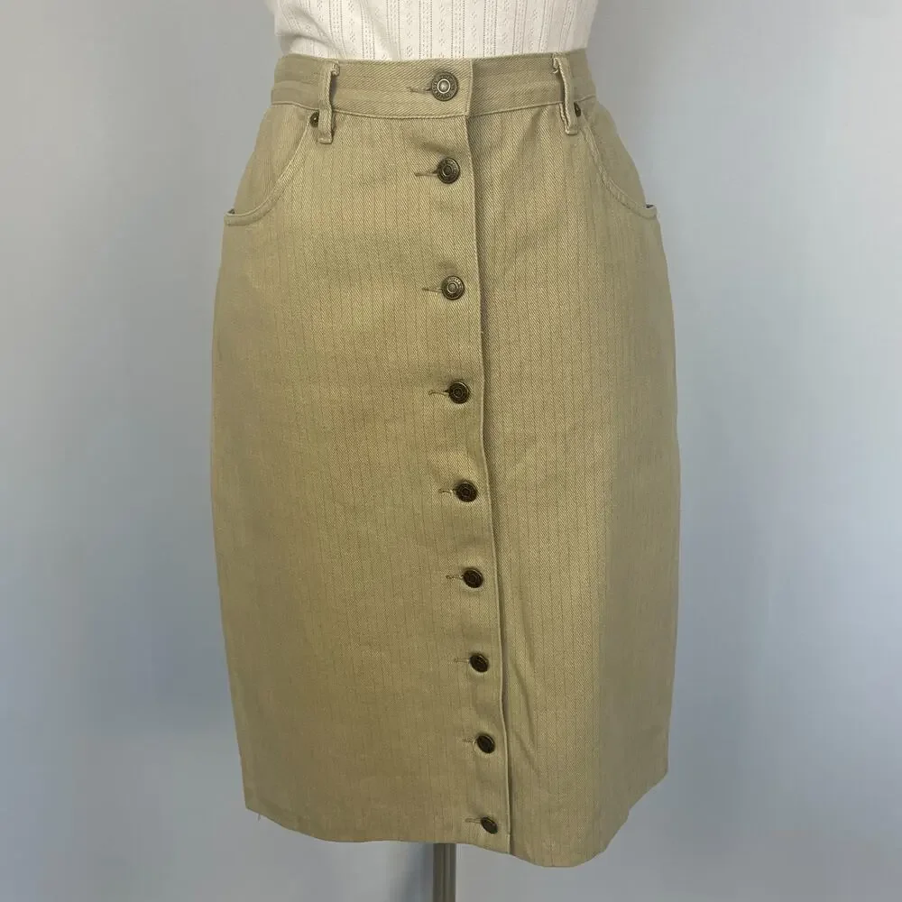 Vintage Button Front Skirt Size 10 Khaki Tan Pinstripe Minimal Rodeo Western 90s